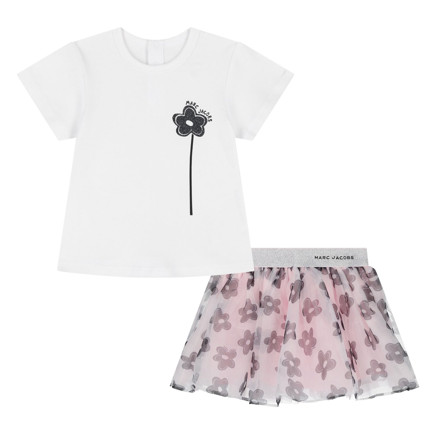Younger Girls White & Pink Flower Skirt Set, 1, hi-res