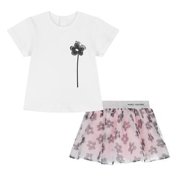 Younger Girls White & Pink Flower Skirt Set