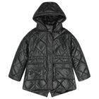 Girls Black Quilted Puffer Jacket, 1, hi-res