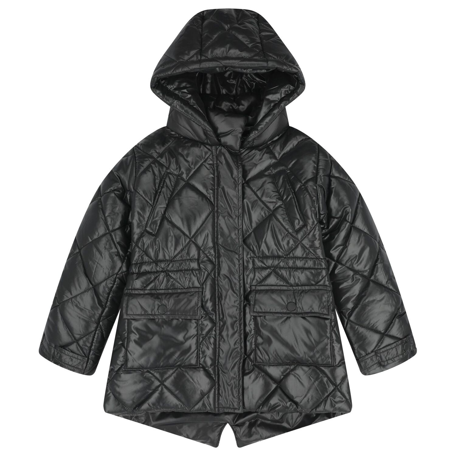 Girls Black Quilted Puffer Jacket, 1, hi-res