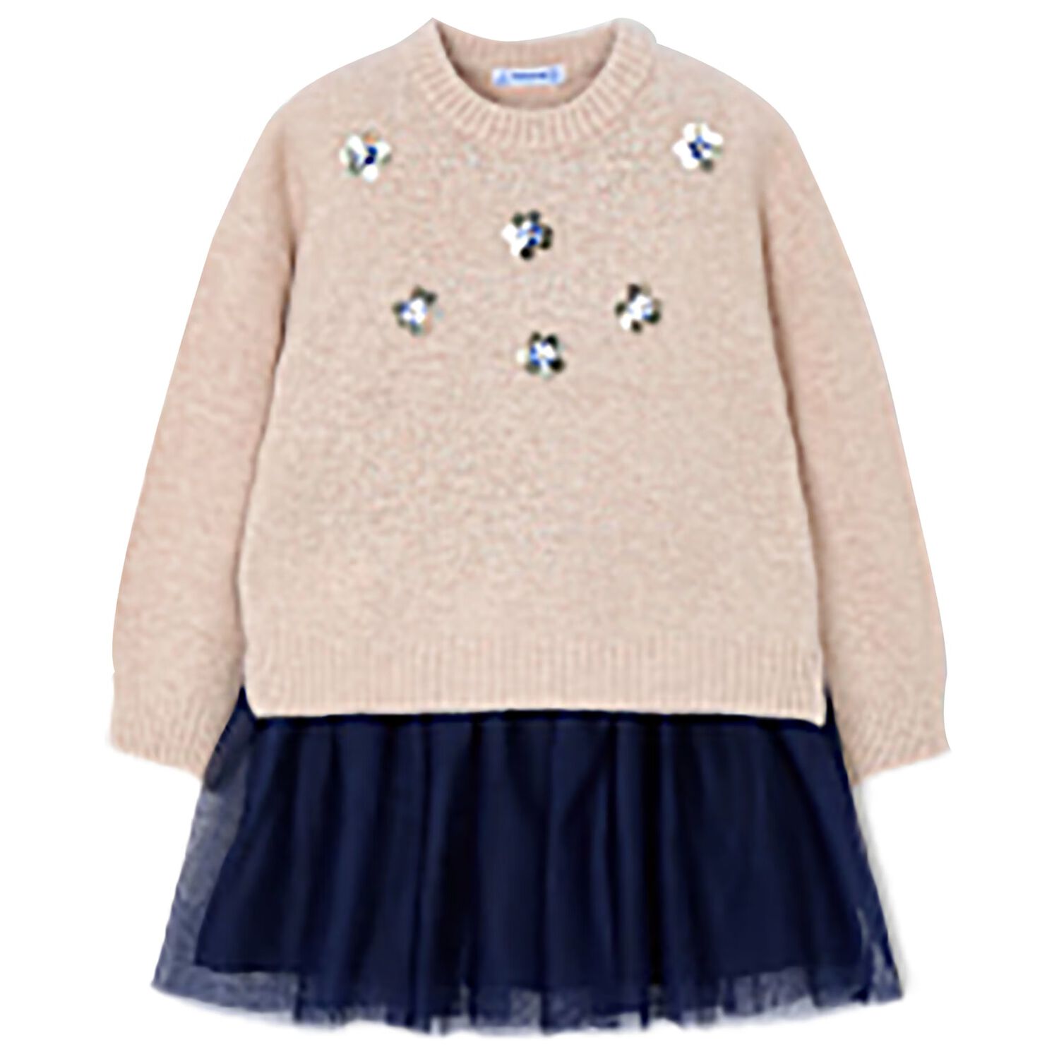 Girls Beige & Navy Blue Tulle Dress Set, 2, hi-res