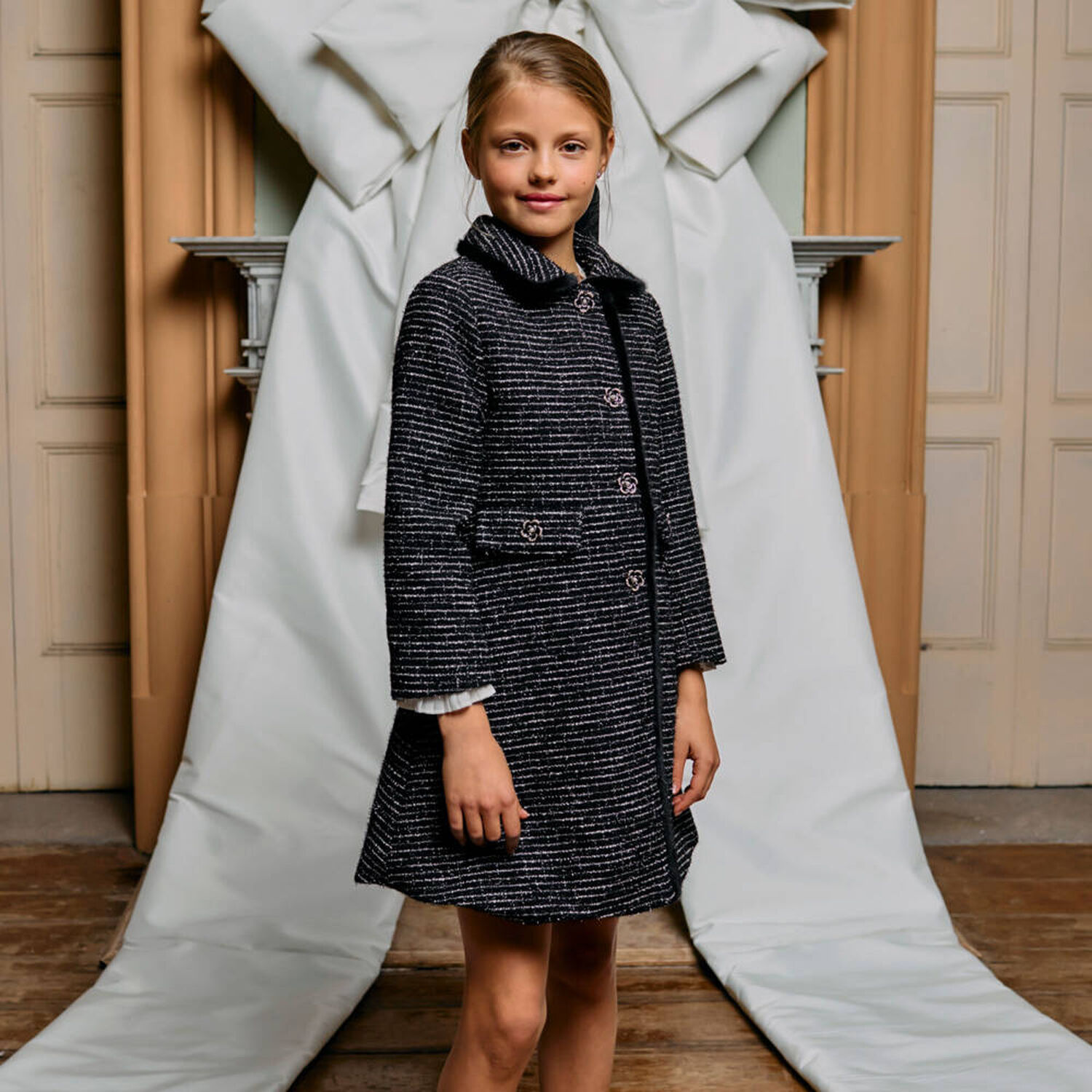 Girls Black Tweed Coat , 1, hi-res