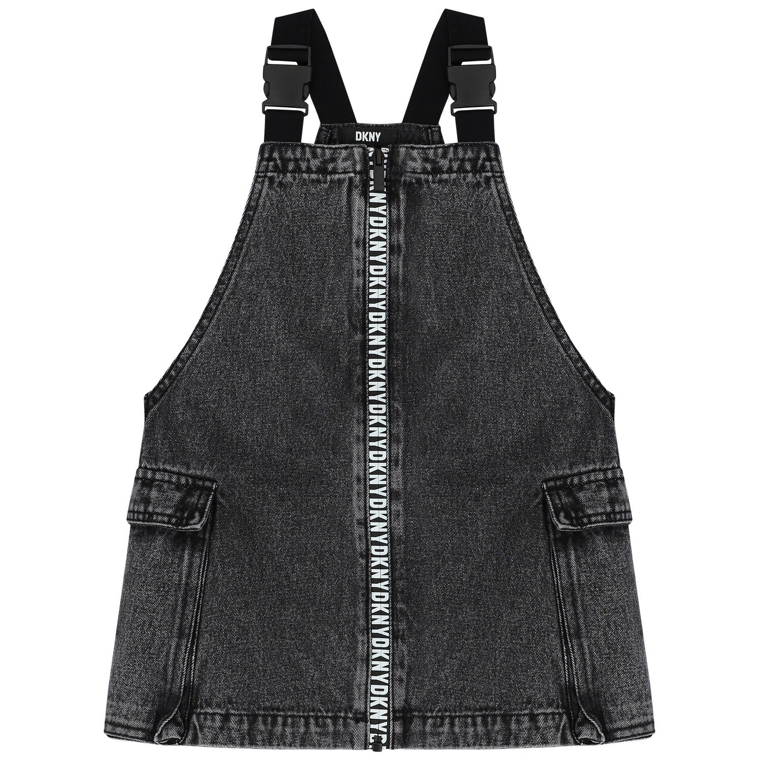 Girls Black Logo Denim Pinafore Dress, 1, hi-res