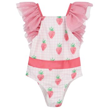 Girls White & Pink Gingham Strawberries Swimsuit