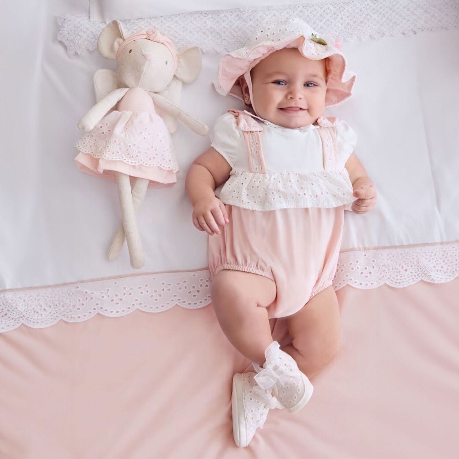 Baby Girls White & Pink Romper & Hat Set, 1, hi-res image number null