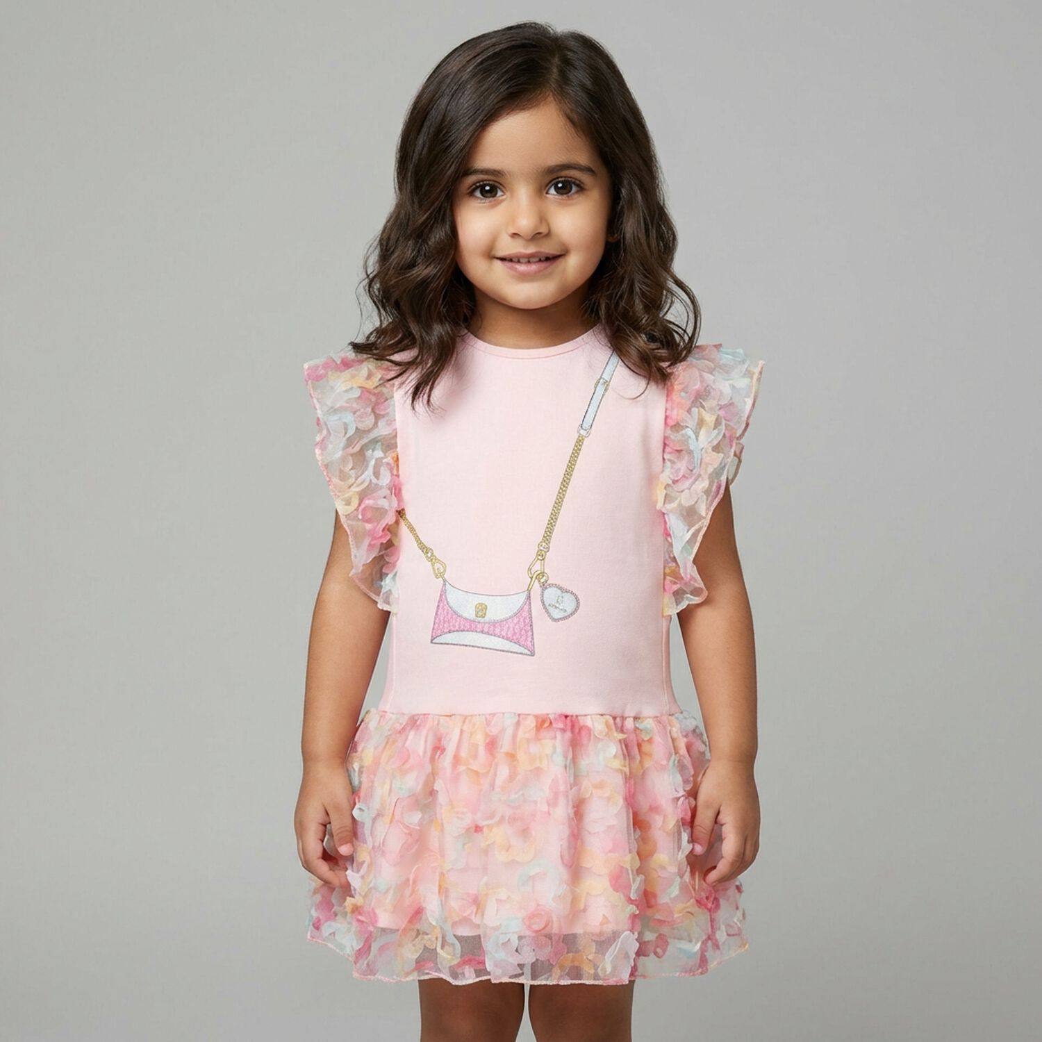 Younger Girls Pink Bag Logo Dress, 2, hi-res