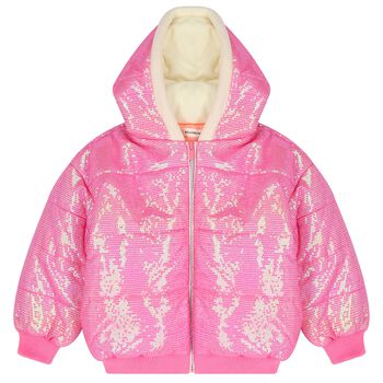 Girls Pink Hooded Sequin Puffer Jacket