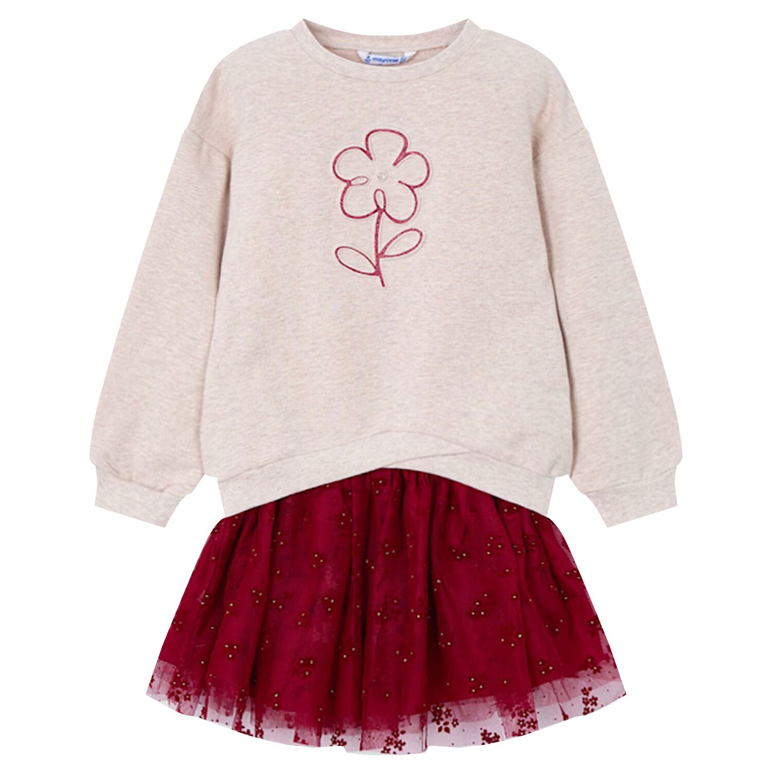 Girls Beige & Red Flower Skirt Set, 4, hi-res