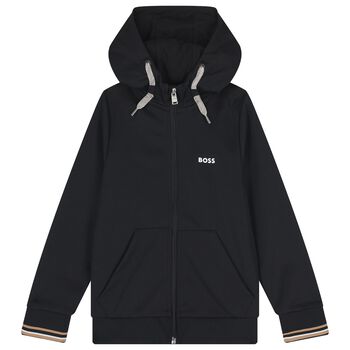 Boys Black Logo Hooded Zip Up Top