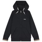 Boys Black Logo Hooded Zip Up Top, 1, hi-res