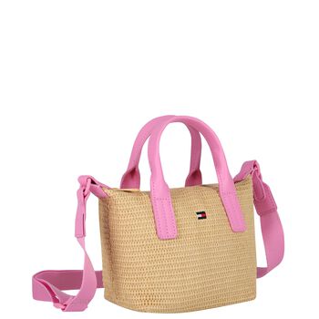 Girls Pink & Beige Raffia Logo Hand Bag ( 20cm )