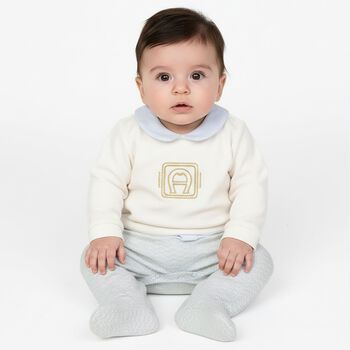 Baby Boys Ivory, Blue & Gold Logo Babygrow