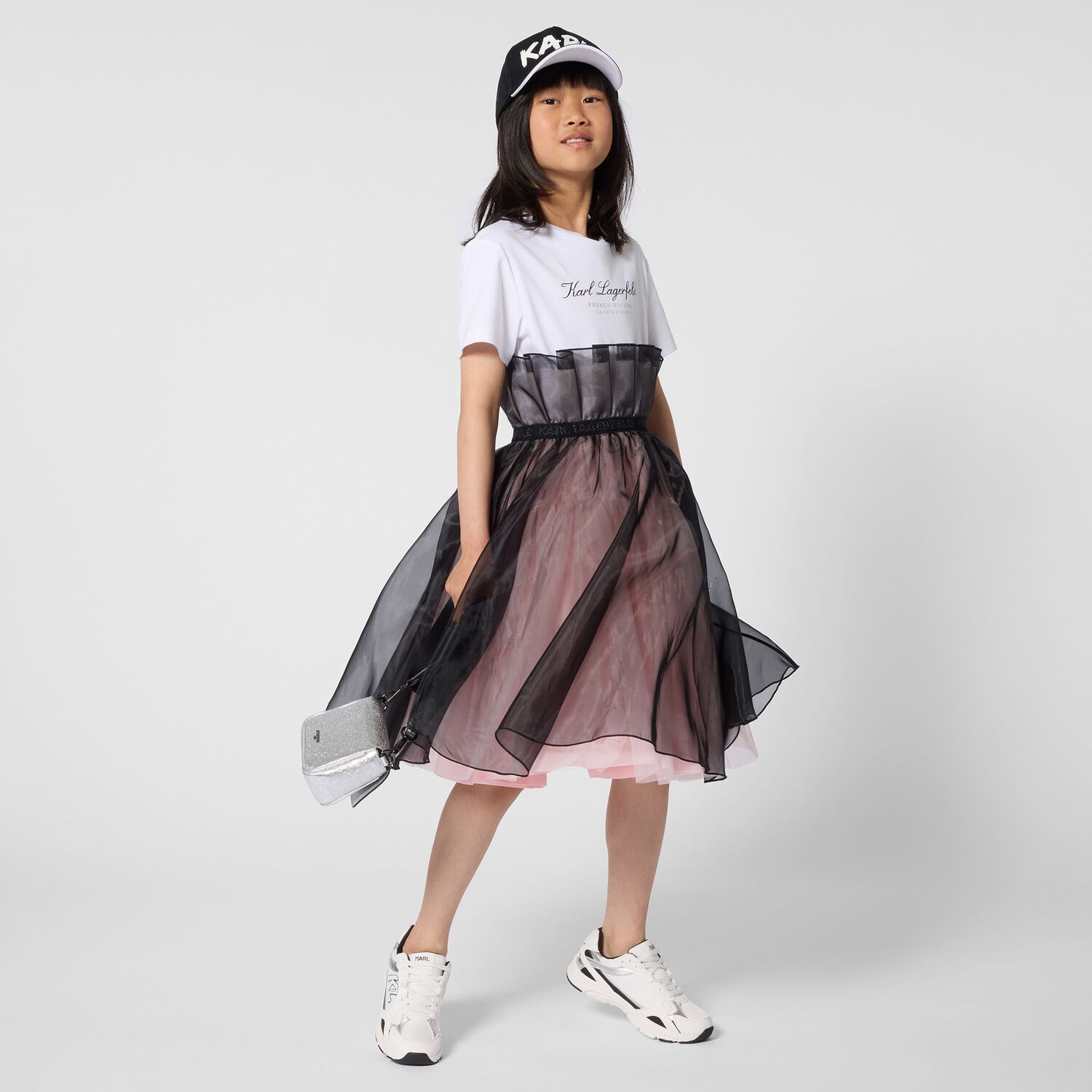 Girls White & Black Organza Dress, 1, hi-res