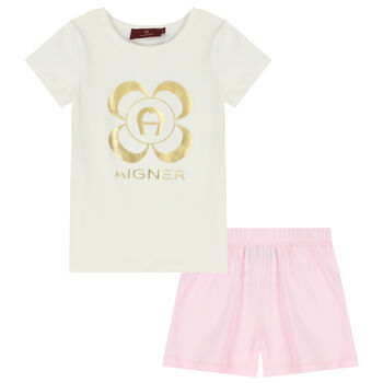 Girls Ivory & Pink Logo Pyjamas