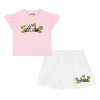 Younger Girls Pink & White Teddy Bear Logo Skirt Set