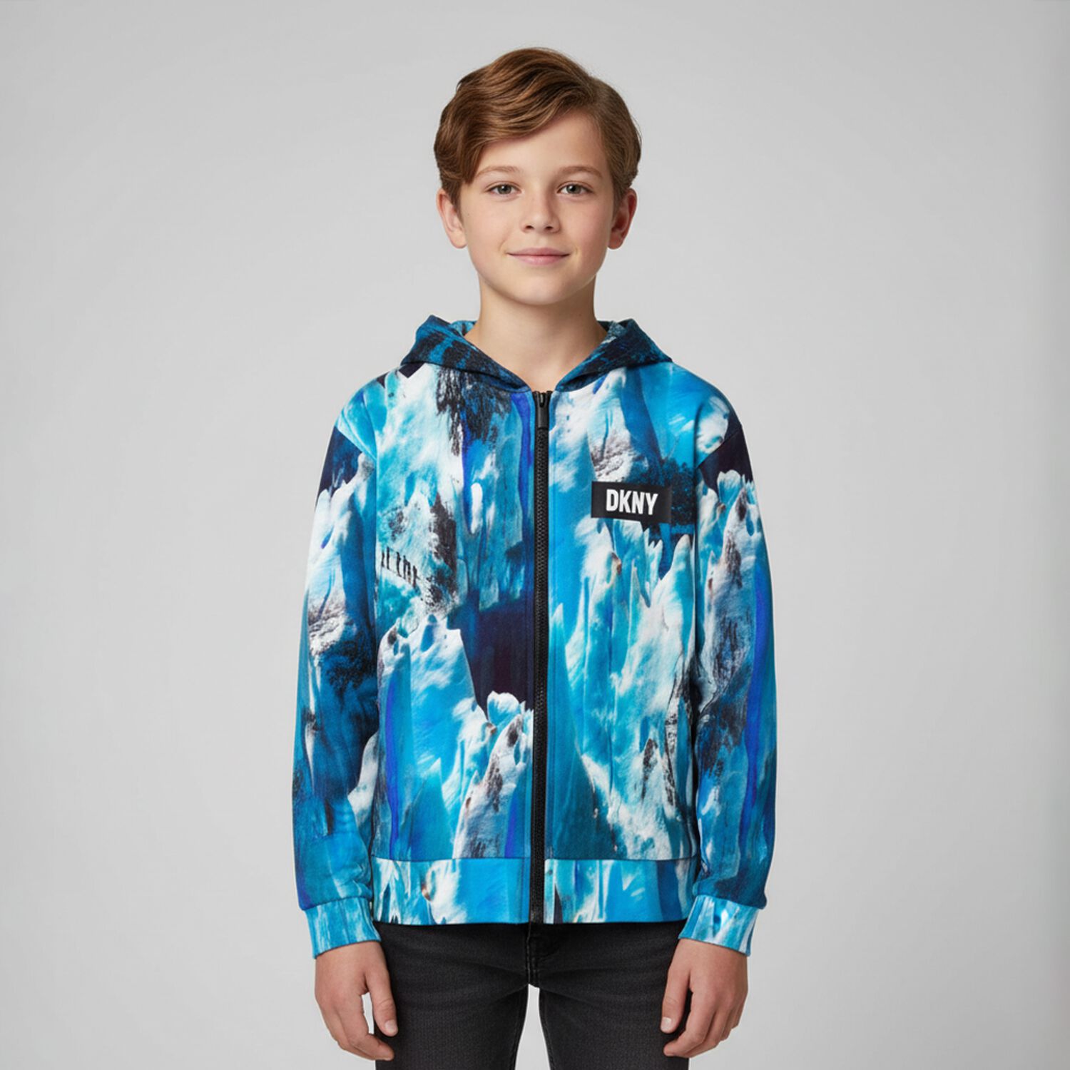 Boys Blue & White Abstract Logo Zip Up Top, 1, hi-res image number null