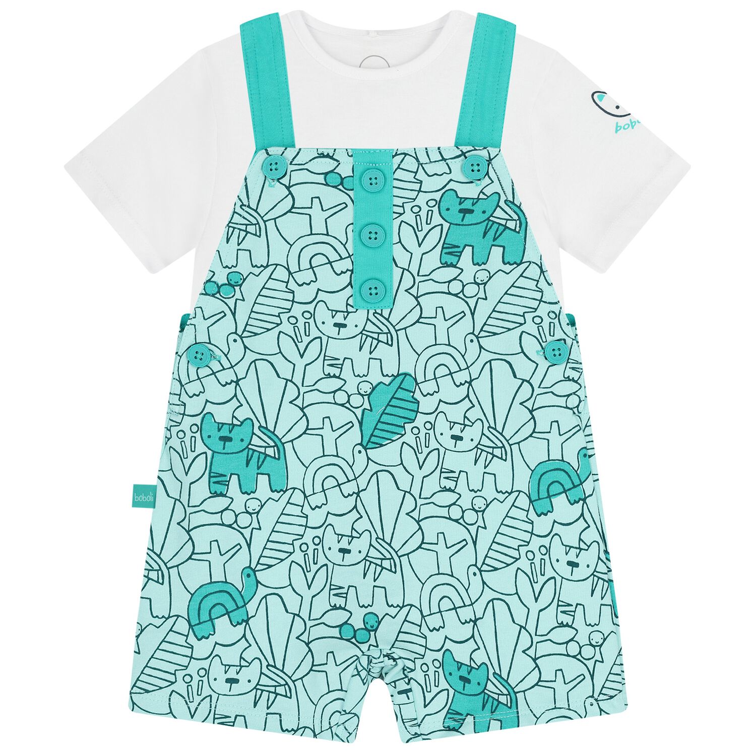 Baby Boys White & Green Dungaree Set , 1, hi-res