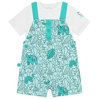 Baby Boys White & Green Dungaree Set 