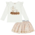 Girls Ivory & Beige Embellished Skirt Set, 1, hi-res