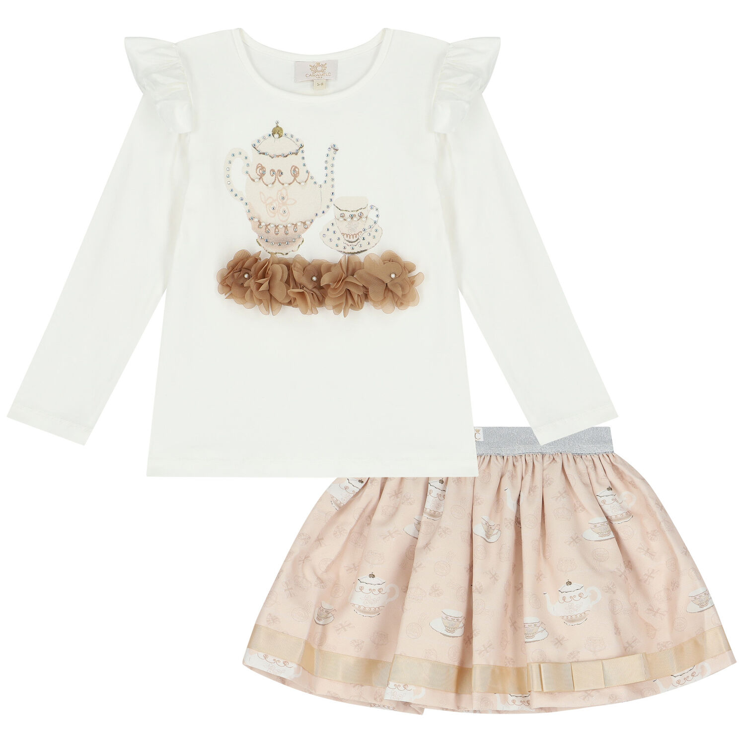 Girls Ivory & Beige Embellished Skirt Set, 1, hi-res