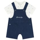 Baby Boys White & Navy Blue Dungaree Set, 1, hi-res