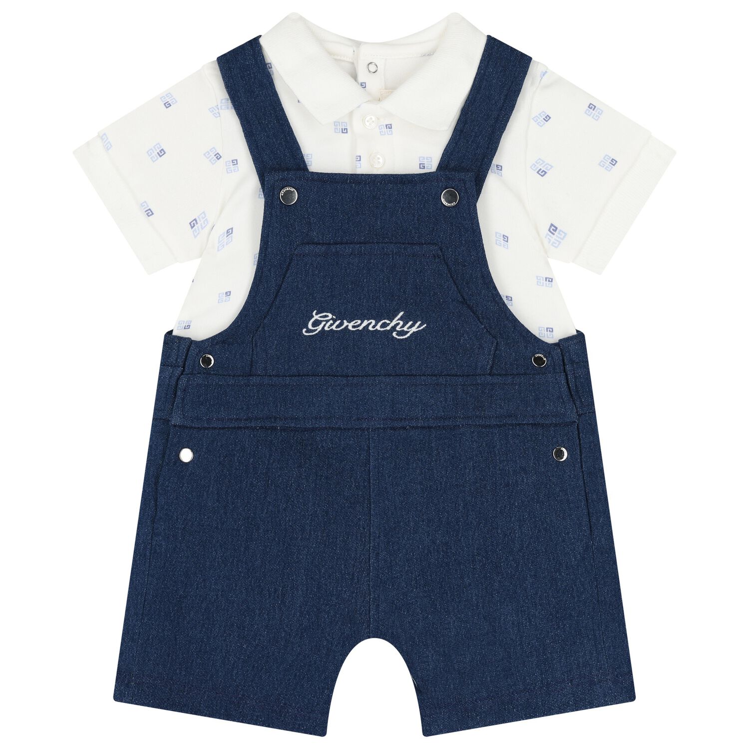 Baby Boys White & Navy Blue Dungaree Set, 1, hi-res