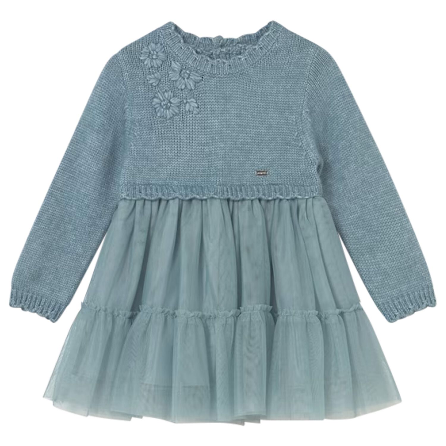 Younger Girls Blue Knitted & Tulle Dress, 3, hi-res
