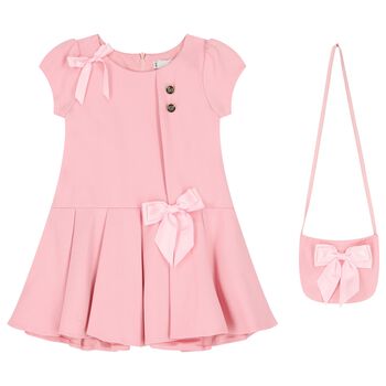 Girls Pink Bow Dress & Bag Set