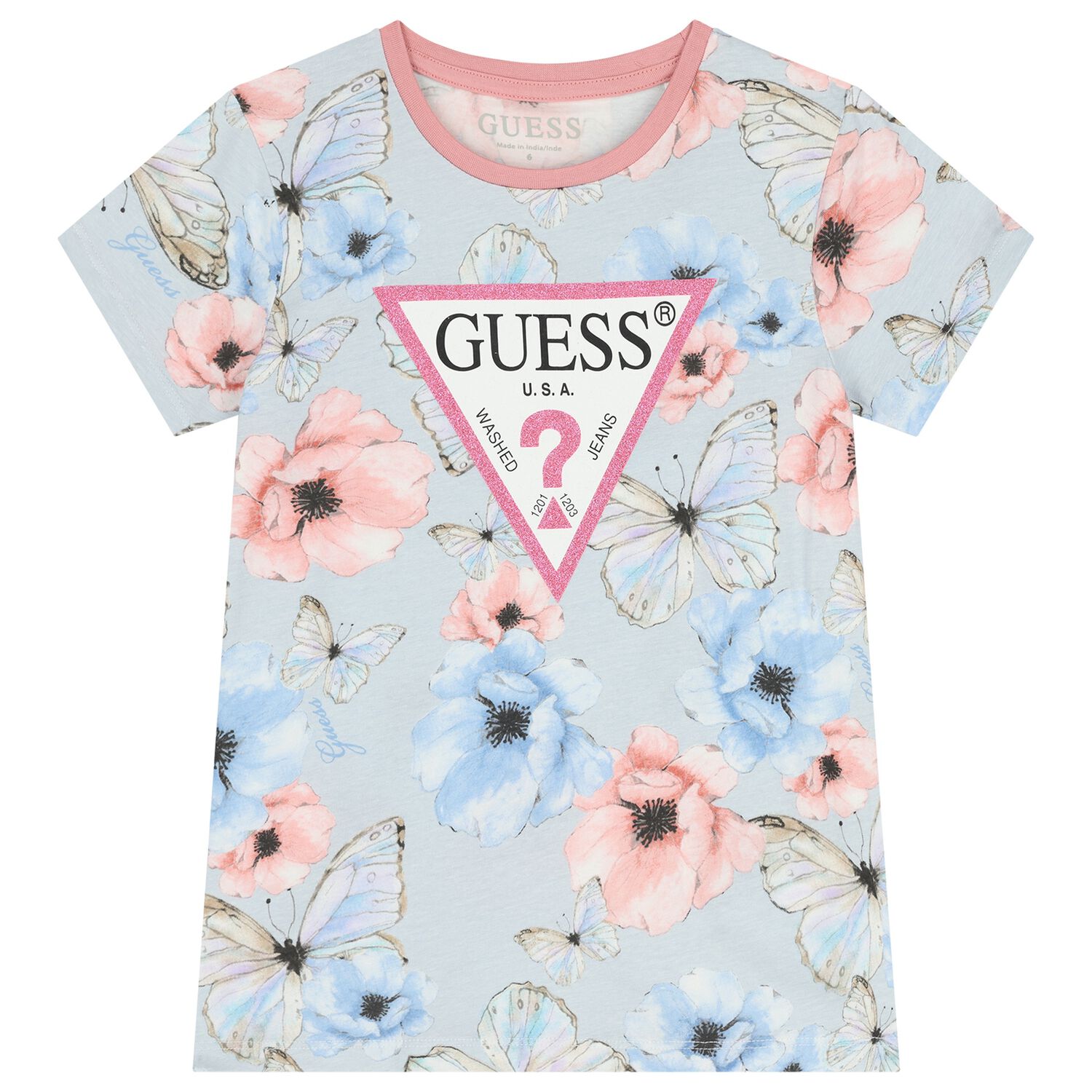 Girls Blue & Pink Floral Butterfly Logo T-Shirt, 2, hi-res