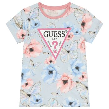 Girls Blue & Pink Floral Butterfly Logo T-Shirt