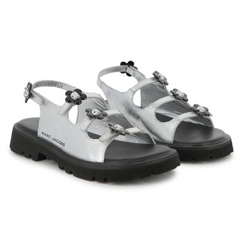 Girls Silver Logo Floral Sandals