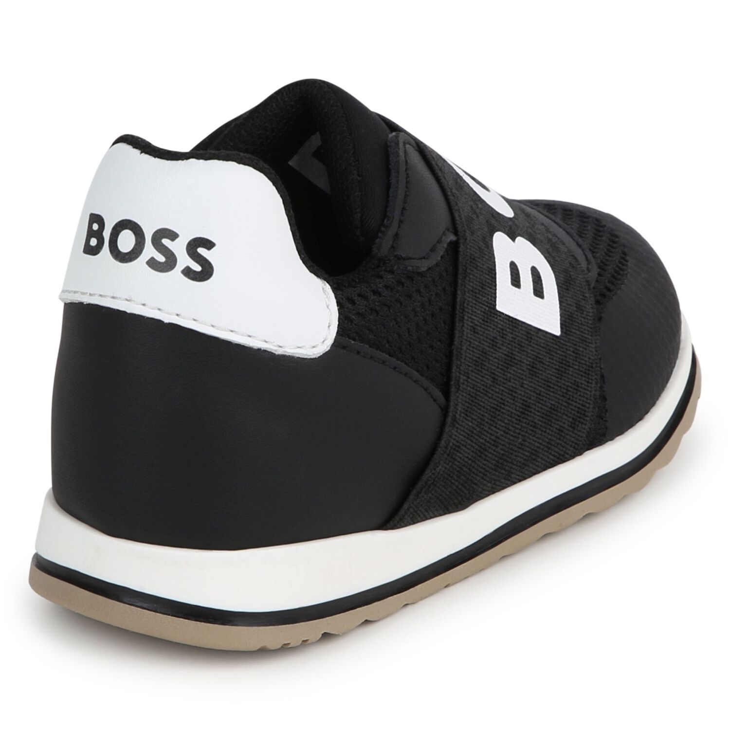 Boys Black Leather Logo Trainers, 1, hi-res