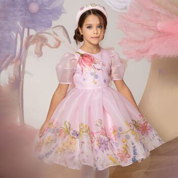 Girls Pink Floral Organza Dress