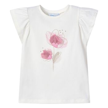 Girls Ivory Cotton & Pink Floral Print T-Shirt