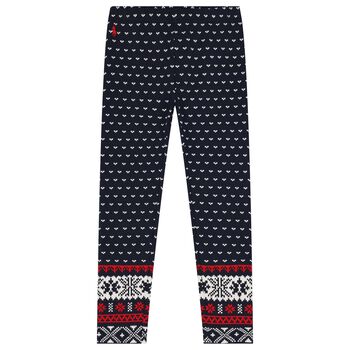 Girls Navy Blue Logo Fair Isle Leggings