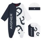 Boys Navy Blue & White Logo Babygrow, Hat & Bib Gift Set, 1, hi-res