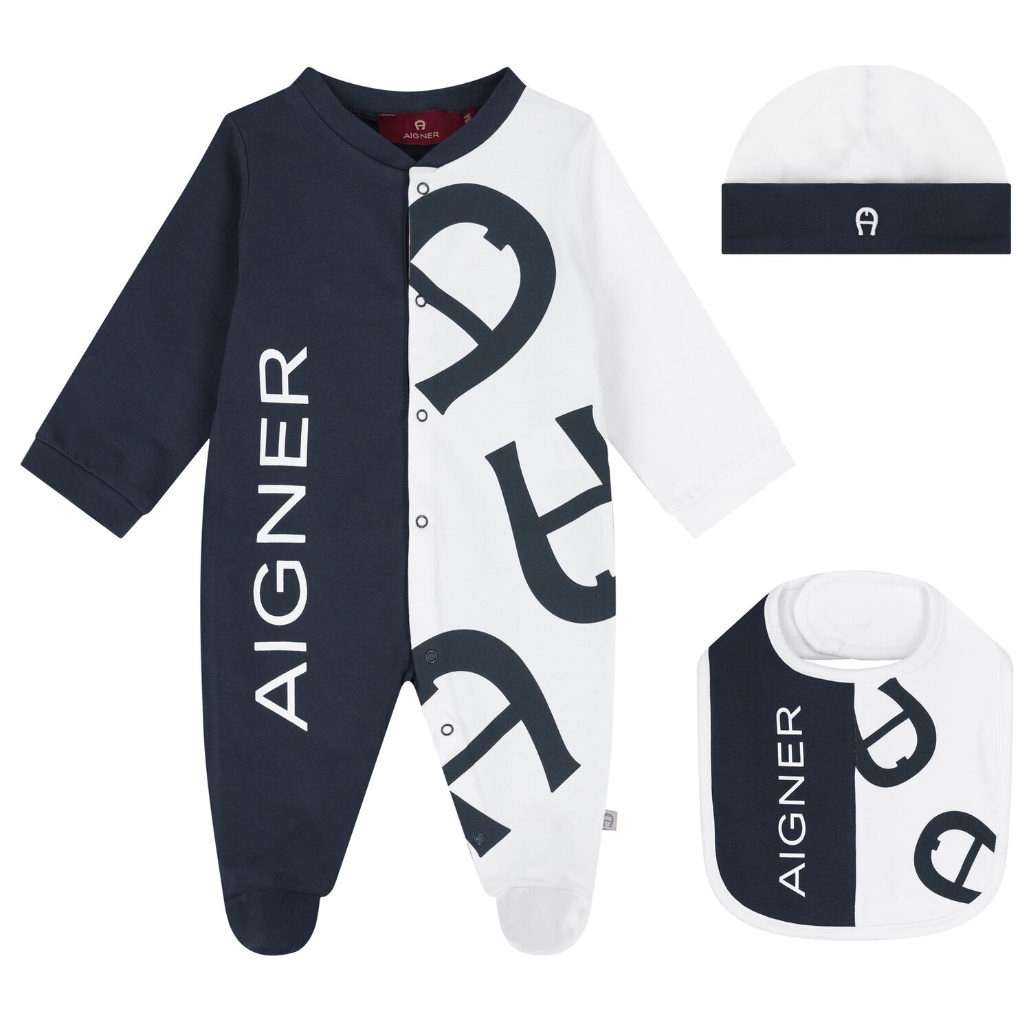 Boys Navy Blue & White Logo Babygrow, Hat & Bib Gift Set, 1, hi-res