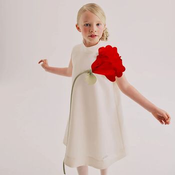 Girls Ivory & Red 3D Flower Dress
