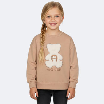 Girls Beige Faux Fur Teddy Bear Sweatshirt