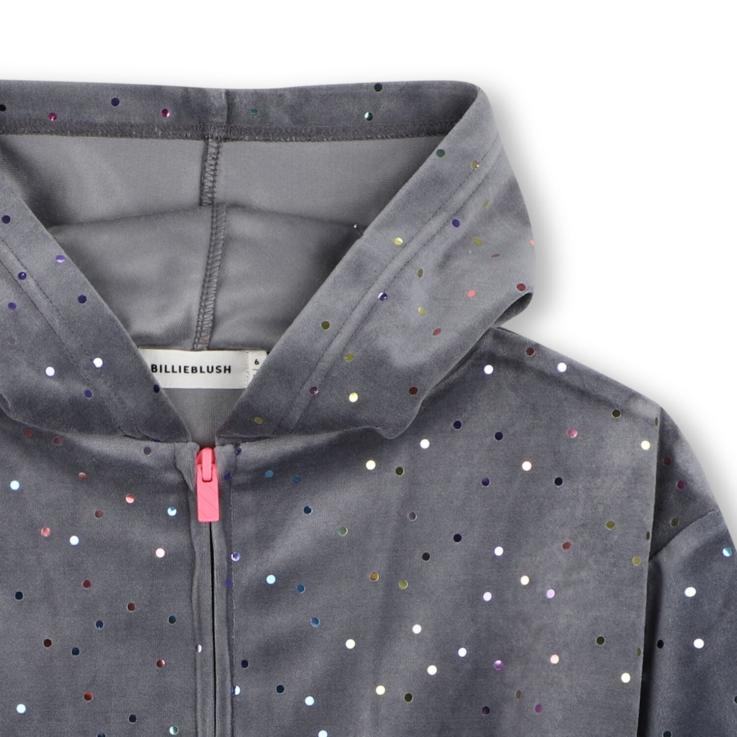 Girls Grey Dot Hooded Zip Up Top, 1, hi-res