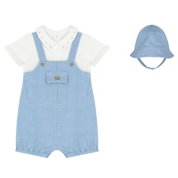 Baby Boys Blue & Ivory Dungaree & Hat Set