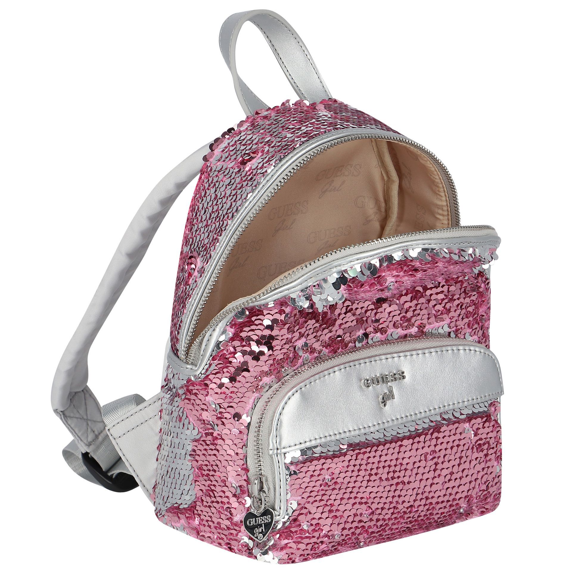 Guess Younger Girls Silver Pink Logo Sequin Backpack Junior
