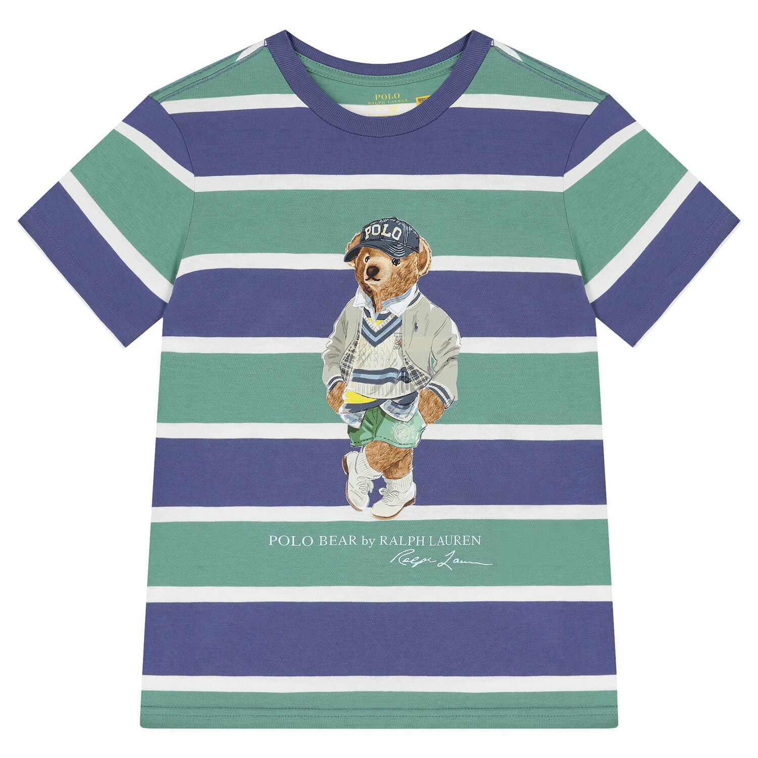 Boys Blue & Green Striped Bear Print T-Shirt, 1, hi-res