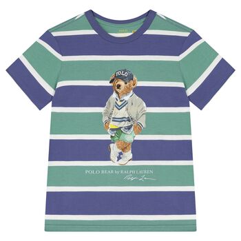 Boys Blue & Green Striped Bear Print T-Shirt