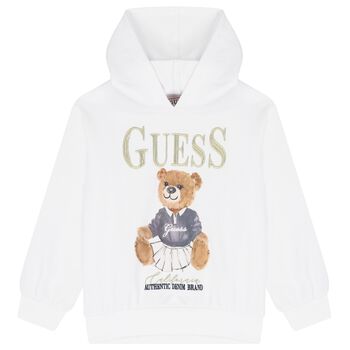 Girls White Teddy Bear Logo Hooded Top