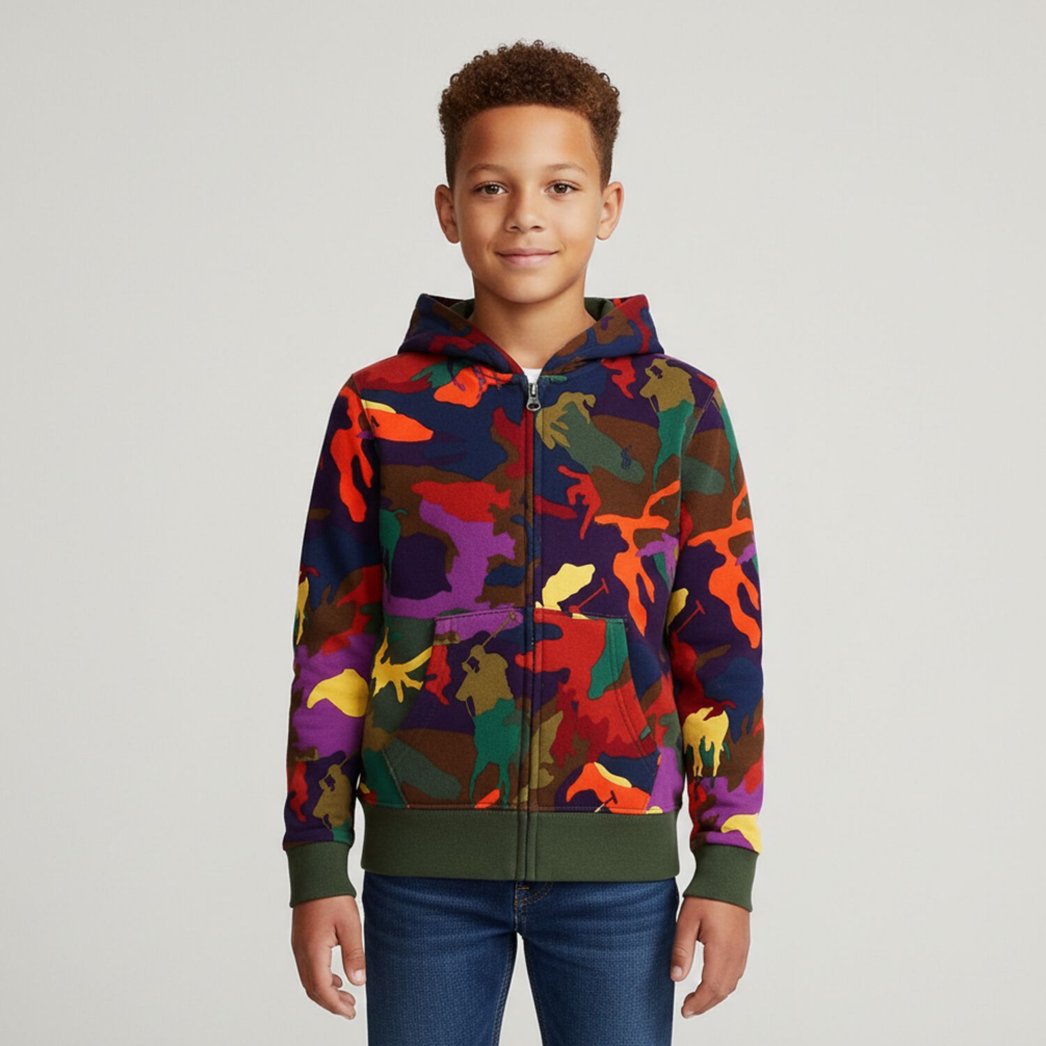 Boys Multi-Colored Camouflaged Logo Zip Up Top, 1, hi-res