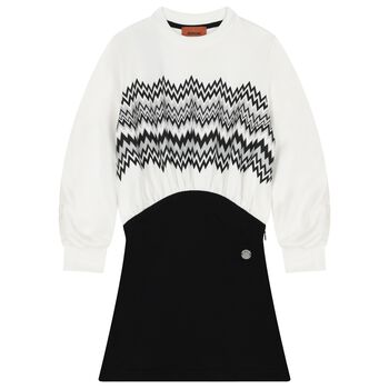 Girls White & Black Zig-Zag Dress               