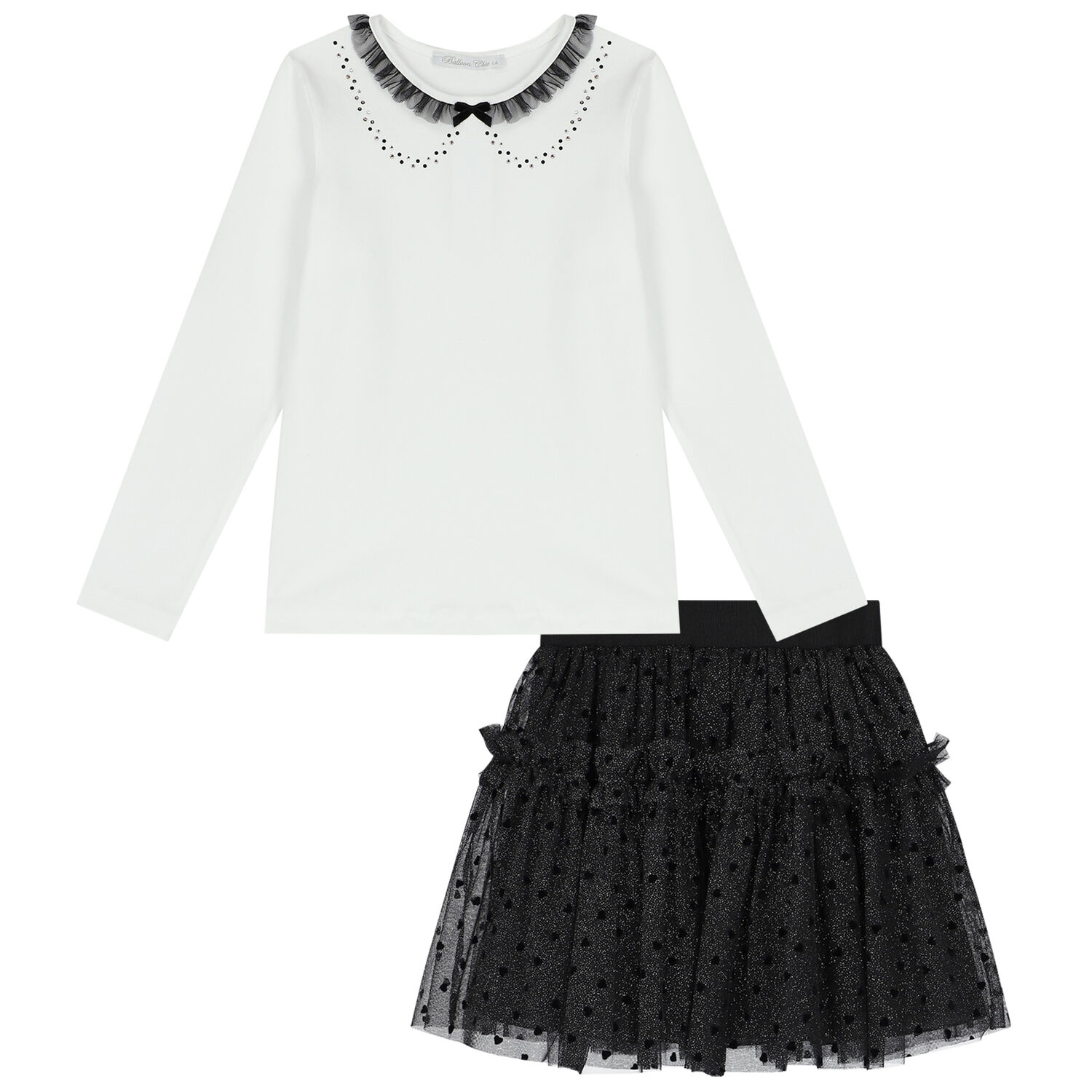 Girls White & Black Tulle Skirt Set, 1, hi-res