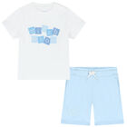 Boys White & Blue Logo Short Set, 1, hi-res