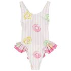 Girls White & Pink Striped Donuts Swimsuit, 1, hi-res